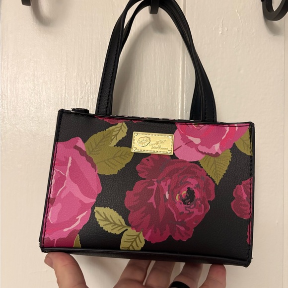 Betsey Johnson Handbags - Betsey Johnson Black Mini Bag with Pink Floral Design